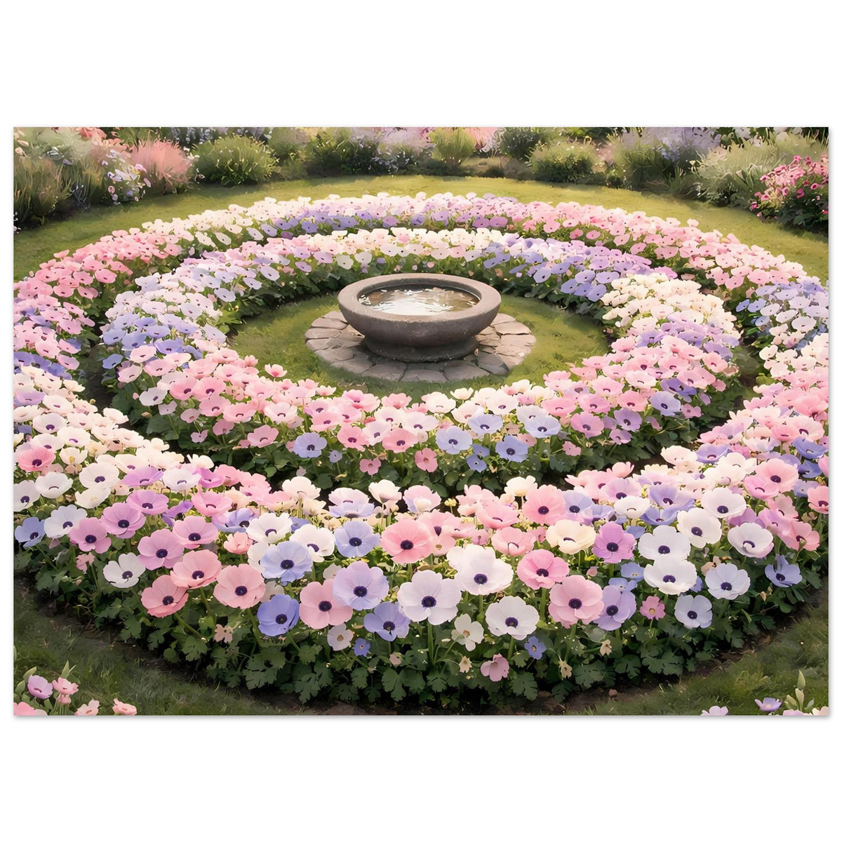 Horizontales Poster mit Rundblumenbeet und zentraler Steinschale, rosa und lila Blüten