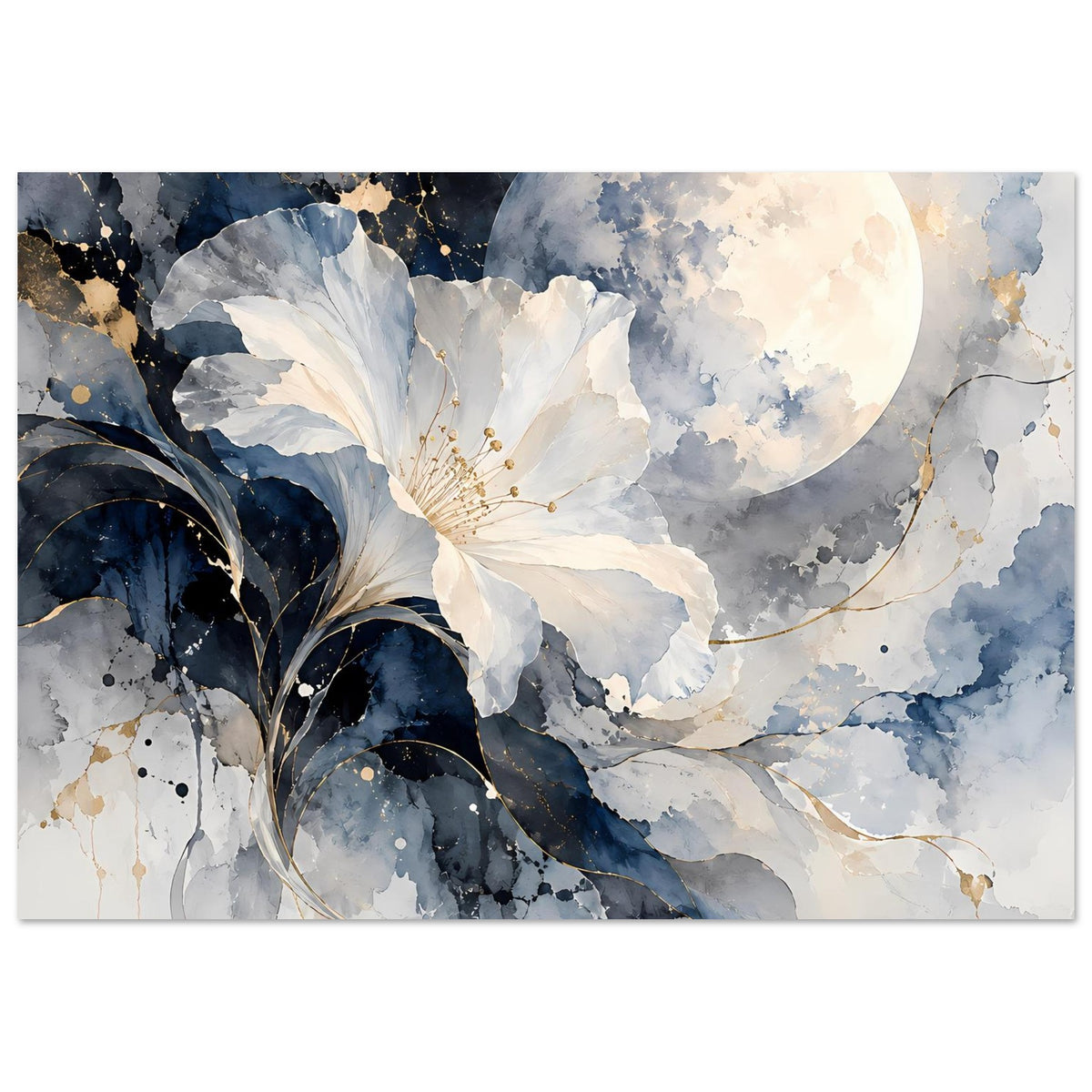 Breites Poster: weiße Blüte mit Staubgefäßen, Vollmond im Hintergrund, Blautöne und goldene Akzente