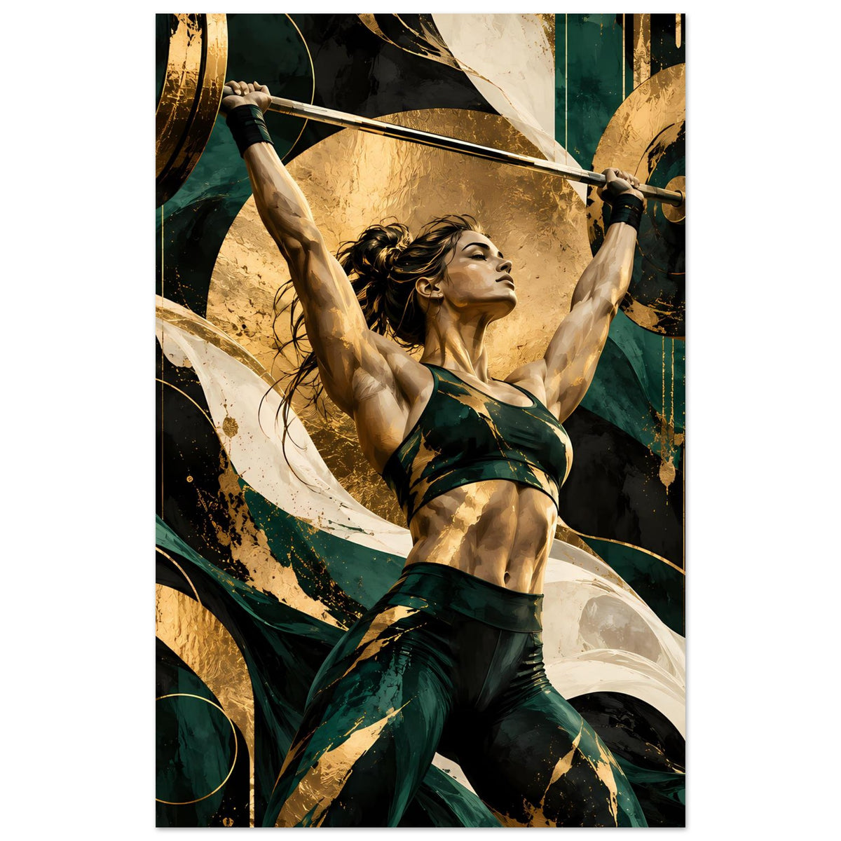 Kunstposter im Hochformat: Athletin im grünen Outfit hebt eine Langhantel mit goldenen Scheiben