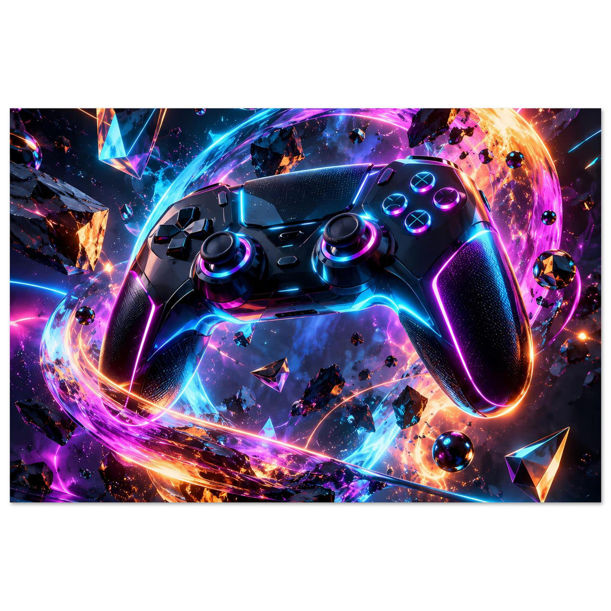 Futuristisches Gaming-Controller-Poster mit Controller-Grafik in leuchtendem Blau und Magenta