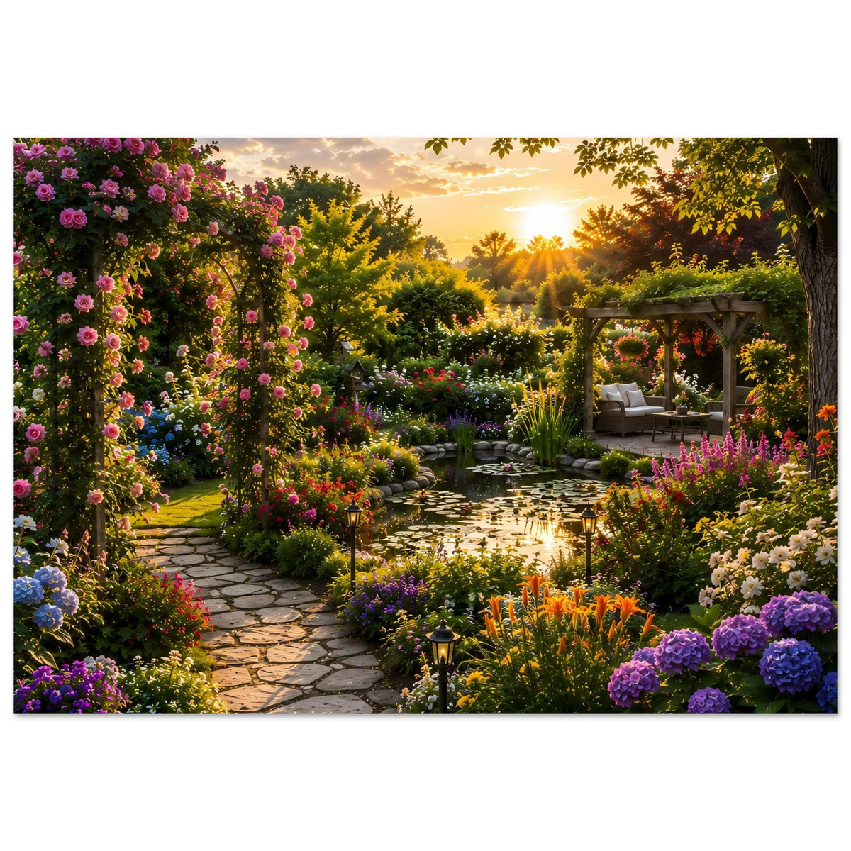 Querformatiges Poster mit blühendem Gartenweg und Pavillon bei Sonnenuntergang