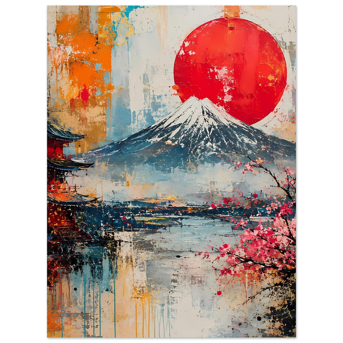 Japanisches Poster (vertikal): Fuji, roter Kreis, Kirschblüten und Pagode