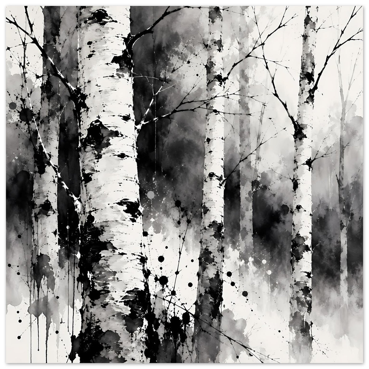 Schwarz-weißes Birch-Wald-Kunstposter mit Baumstämmen, Ästen und Farbspritzern im Querformat