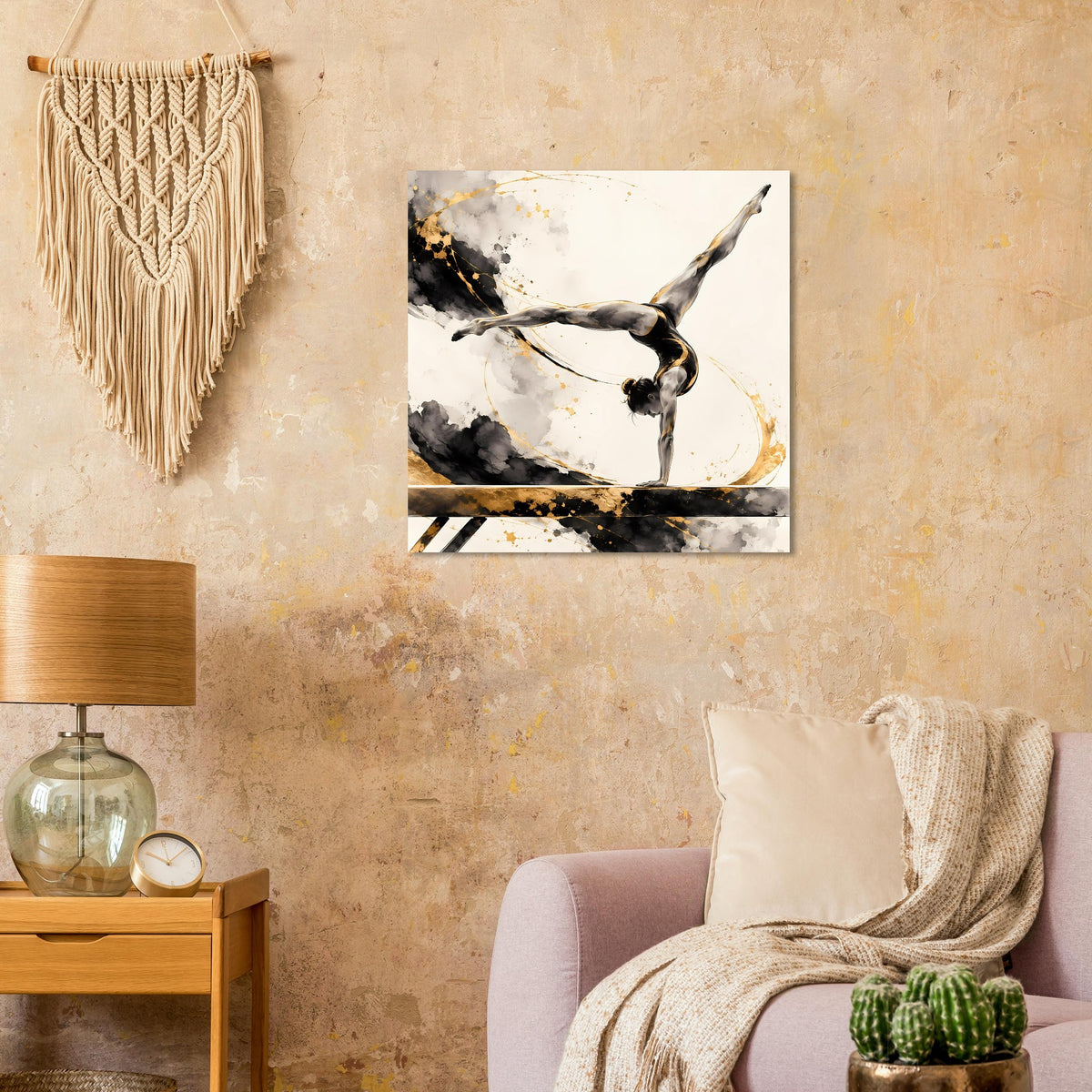 Gymnastikposter mit Turnerin in Schwarz und Gold, abgebildete akrobatische Figur im Bild