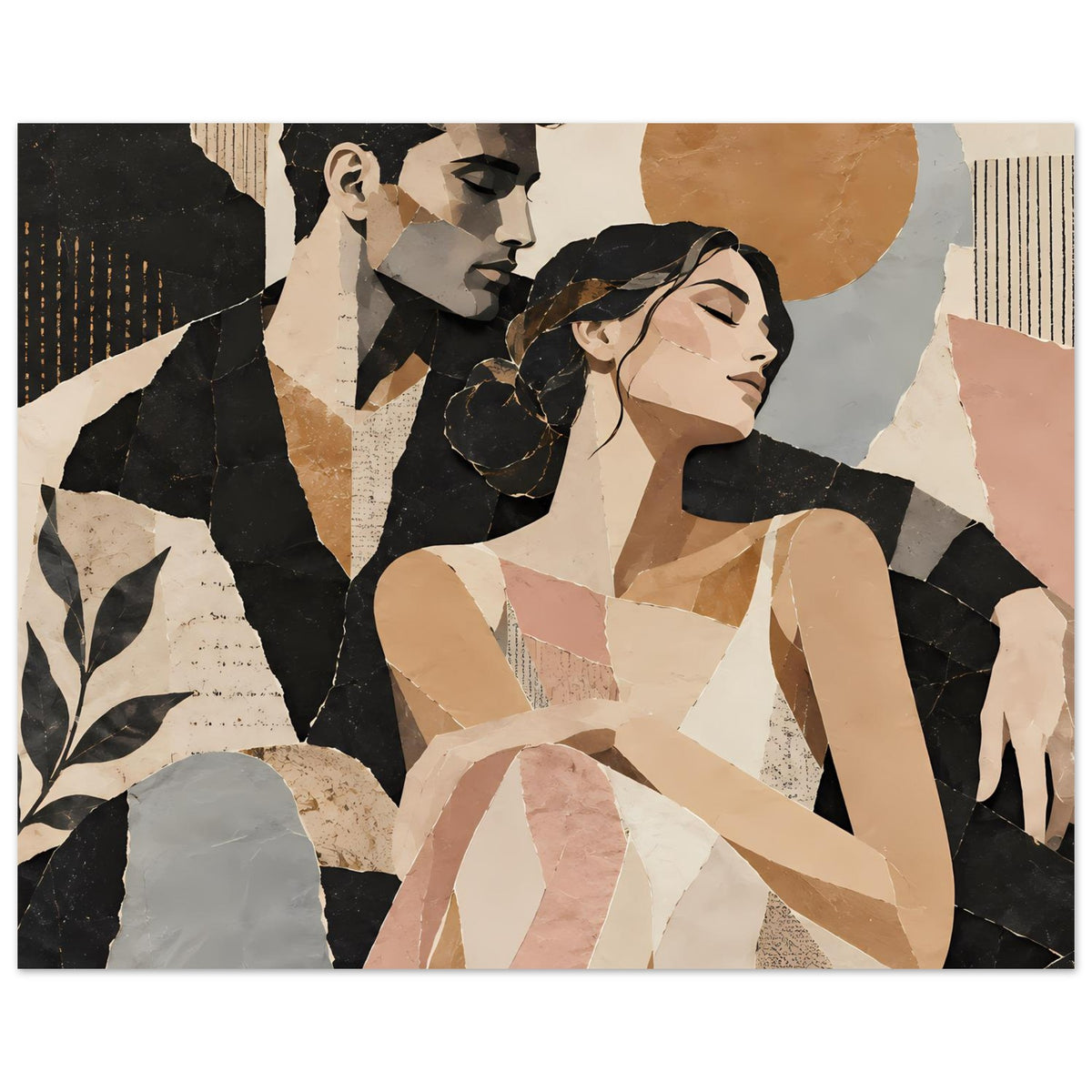 Kunstposter mit abstraktem Paar im Profil, Beige-Braun mit schwarzen Flächen