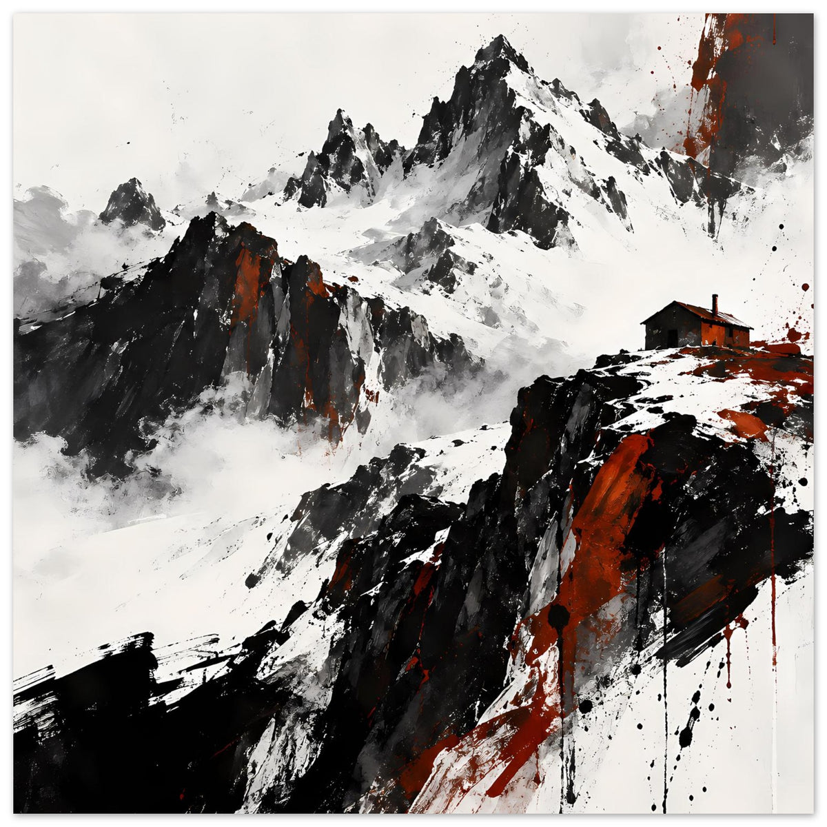 Poster dramatische Alpenlandschaft mit roten Farbspritzern und Gebäude rechts
