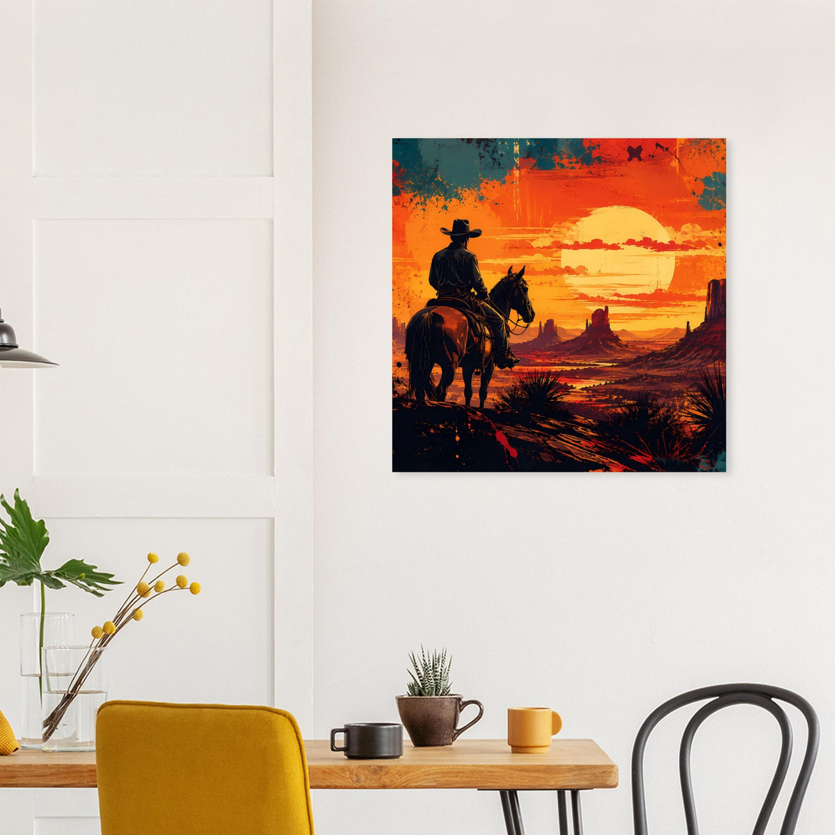 Quadratisches Western-Cowboy-Poster mit Silhouette von Cowboy und Pferd vor tiefem Abendhorizont