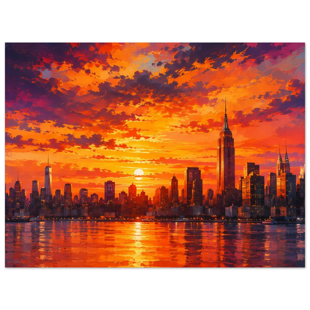Stadtlandschafts-Poster mit Skyline und Sonnenuntergang, warmes Licht und Spiegelung im Wasser