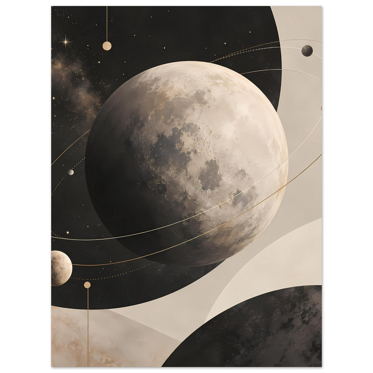 Poster mit großem Mond und Sternpunkten, feine Bahnen und Kreislinien in Erdtönen