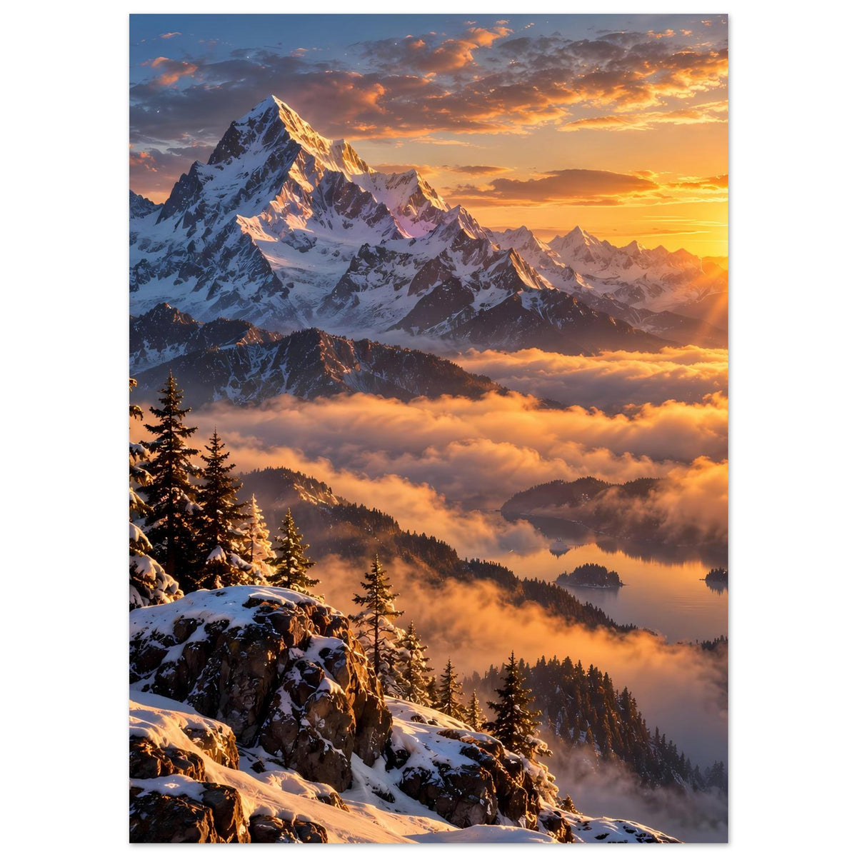 Poster mit Alpenpanorama: Berggipfel, Tannen am Hang, goldene Wolken und aufgehender Himmel