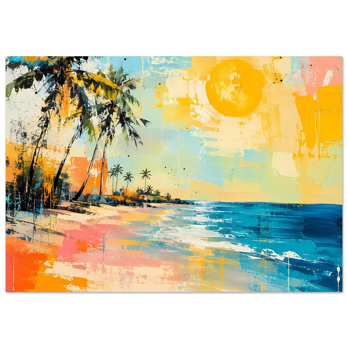 Querformatiges Strandposter mit Palmen, orangefarbenen Flächen, türkisblauem Wasser und Sonne