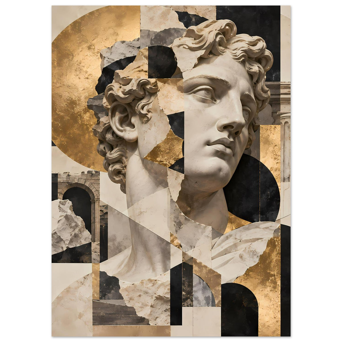 Kunstposter mit antikem Kopfprofil, Patchwork-Grafik in Beige, Schwarz und Gold