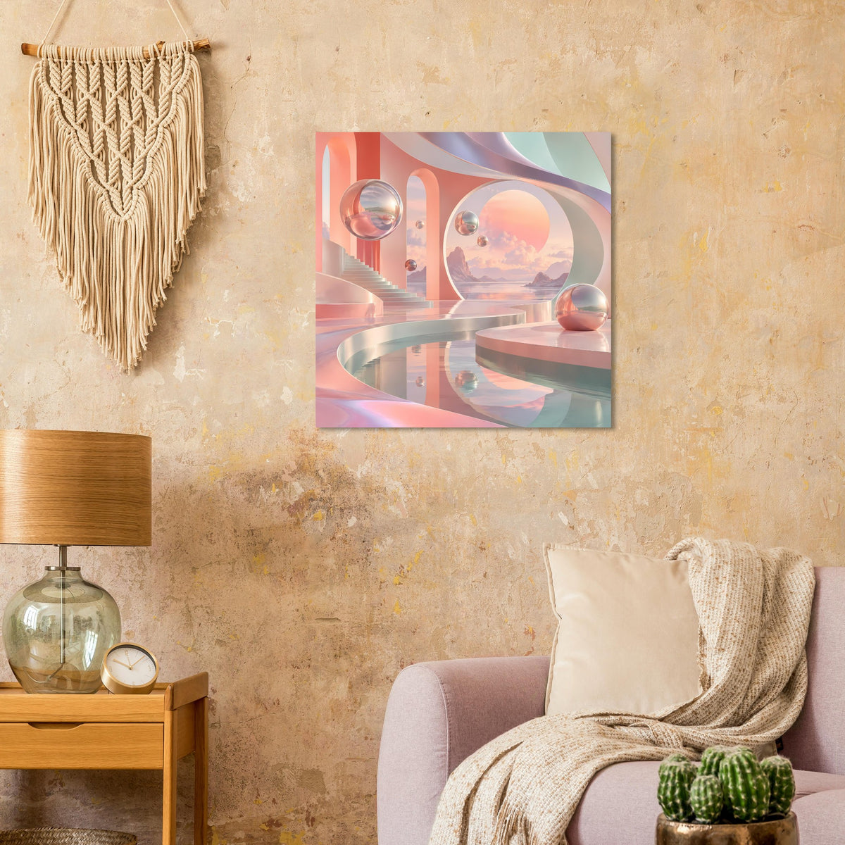 Quadratisches Wandposter mit surreale Pastell-Szene, spiegelnde Sphären und Kreisfenster