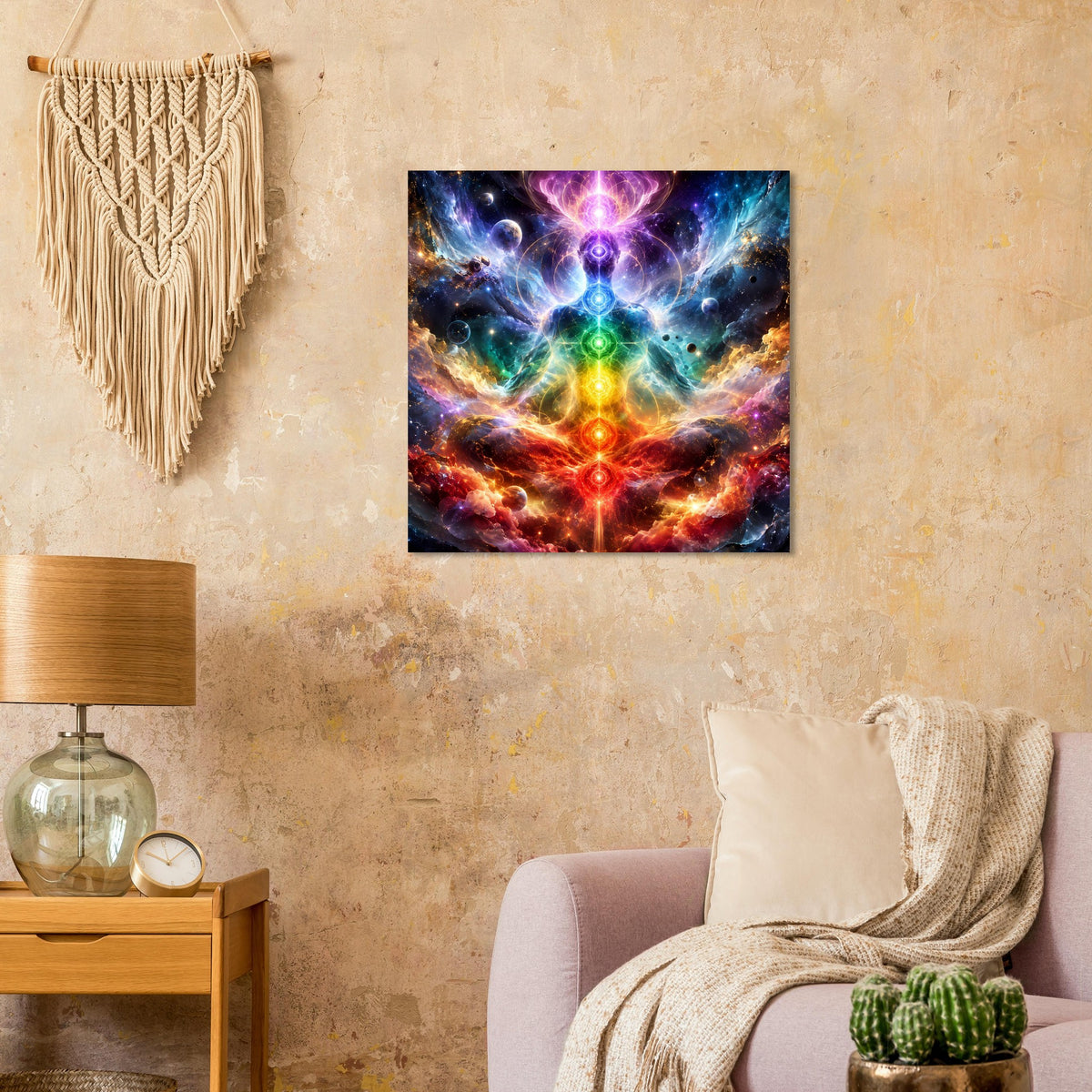 Chakra-Meditationsposter mit farbigem Energiefluss und zentriertem Lichtern-Mandala
