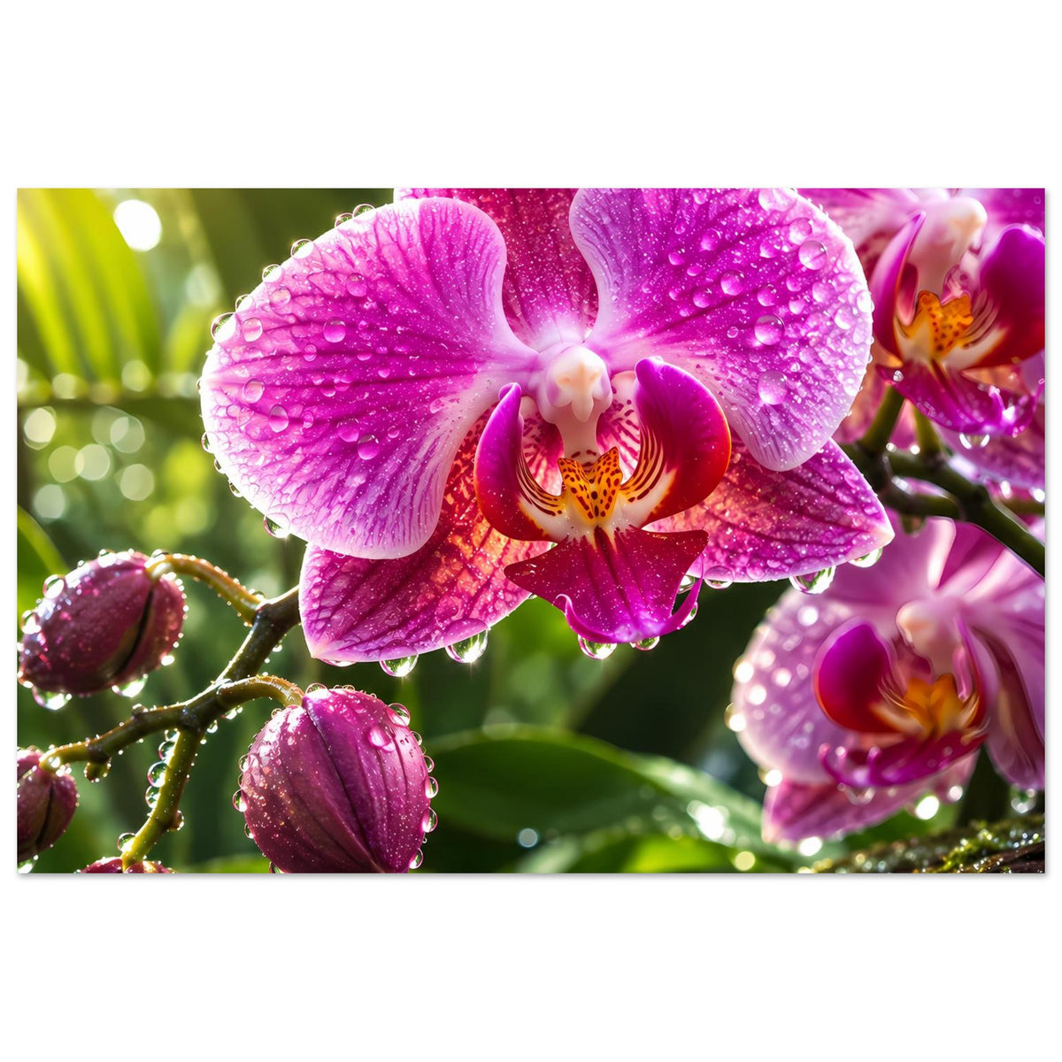 Poster mit pinken Orchideenblüten, umgeben von Knospen und Wassertropfen