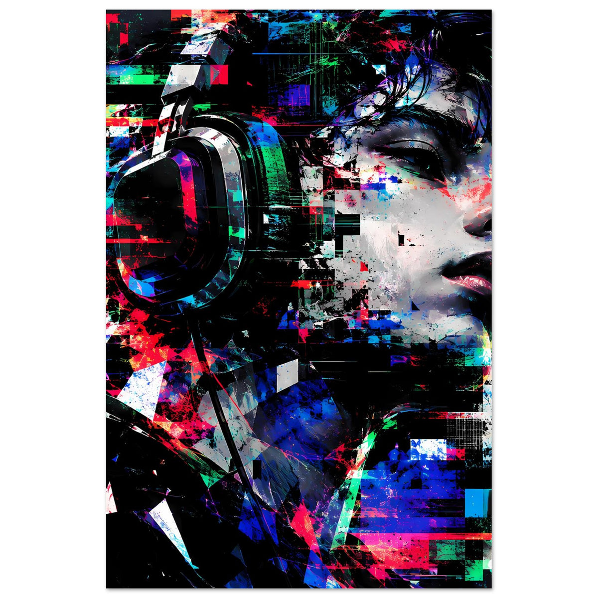 Kunstposter mit abstraktem Gesicht, Neon-Glitch und bunten Pixel-Fragmenten im Vollmotiv