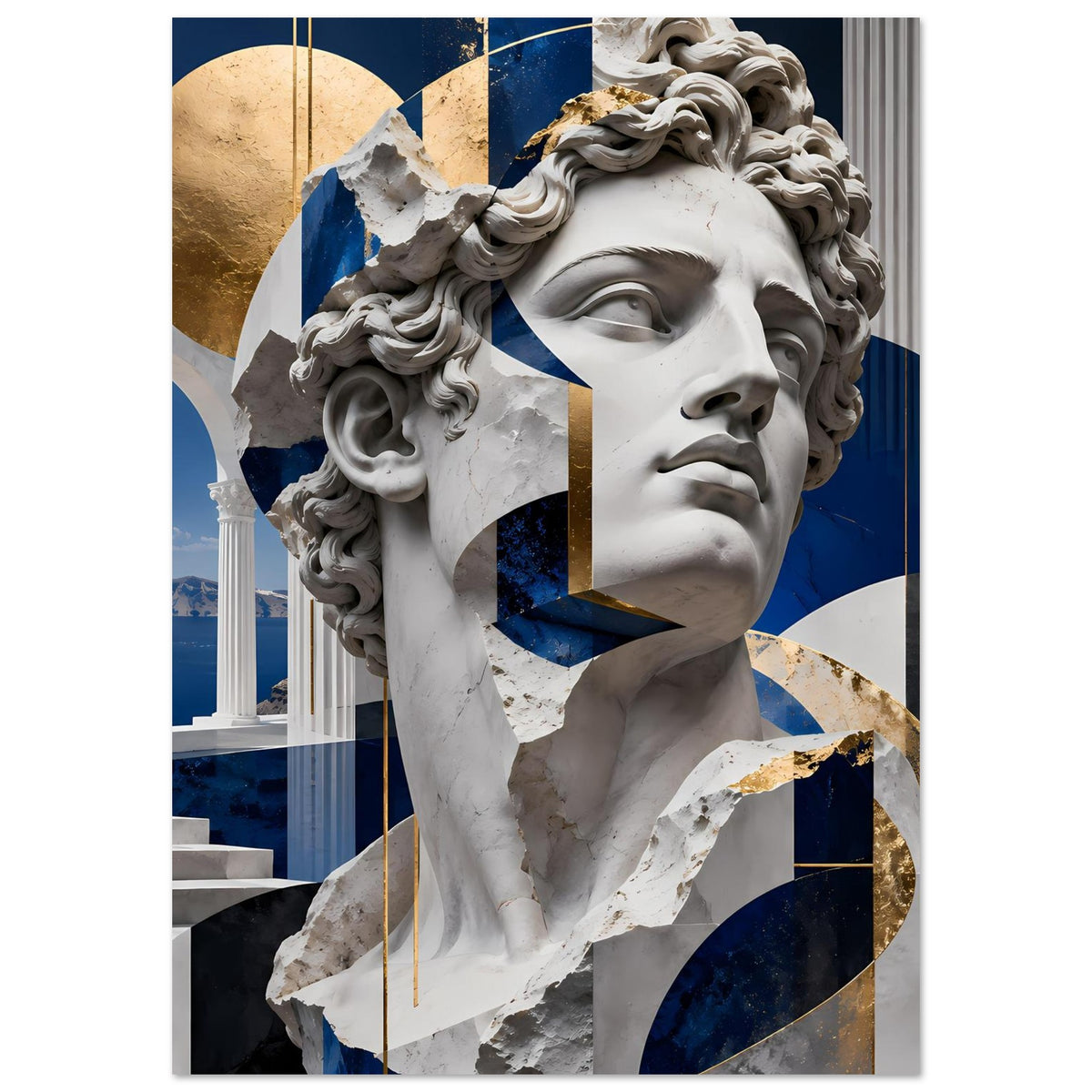 Poster mit Marmor-Büste, großem blau-gold geometrischem Design und Goldkurve