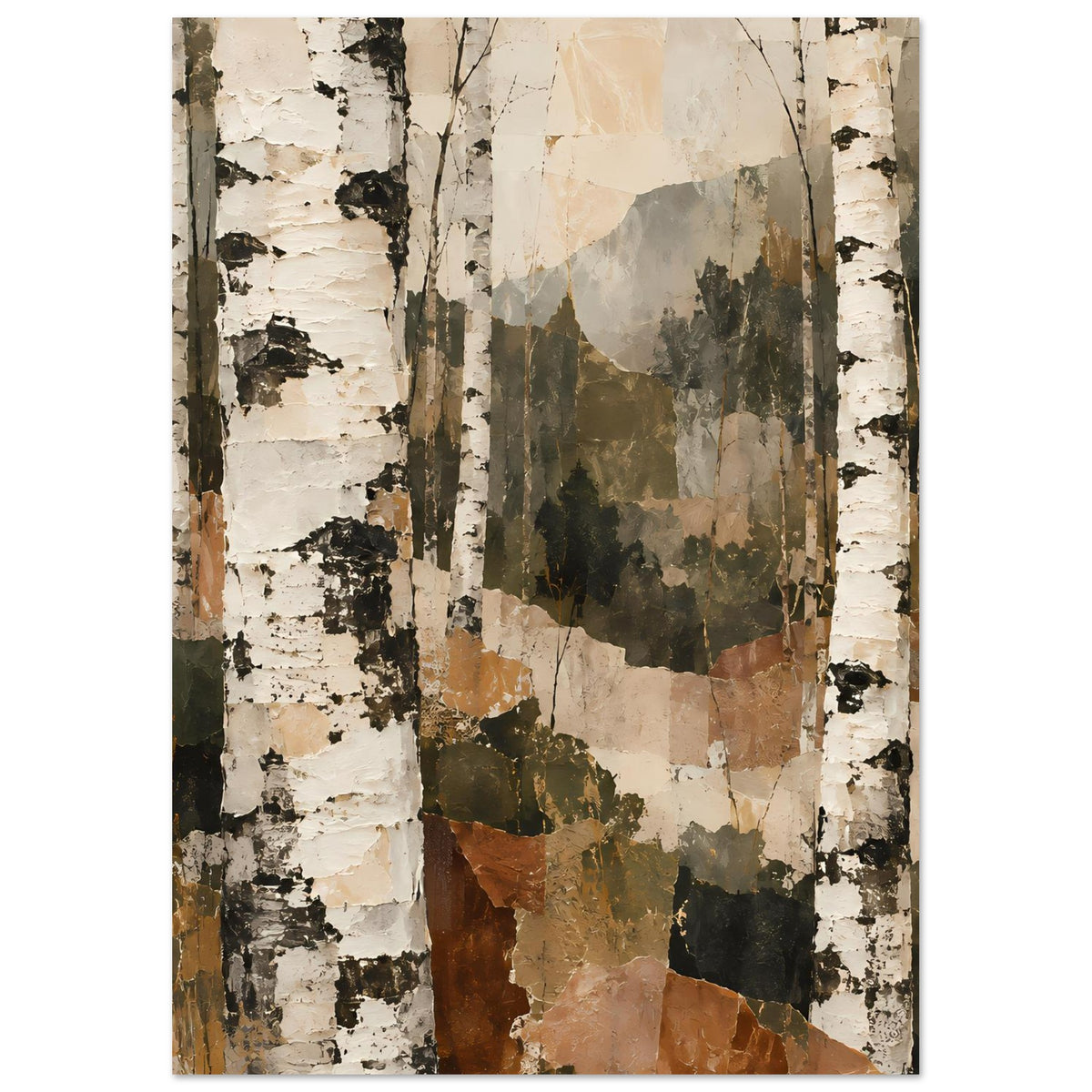 Kunstposter mit Birkenwald-Motiv, Hochformat; abstrakte Birken im Beige-, Grün- und Braunton