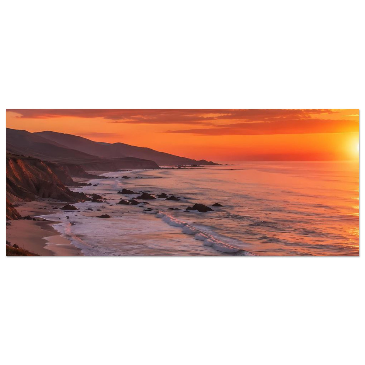 Horizontales Poster mit Sonnenuntergang am Meer, orange-roter Himmel, Strand und Wellen