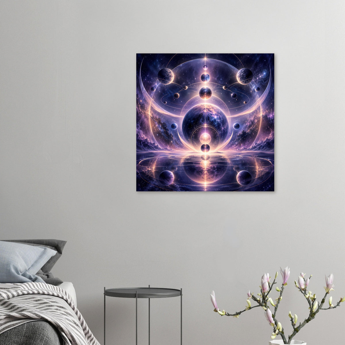 Kleines Weltraum-Poster mit kosmischem Zentrum, Umlaufbahnen und mehreren schwebenden Planeten