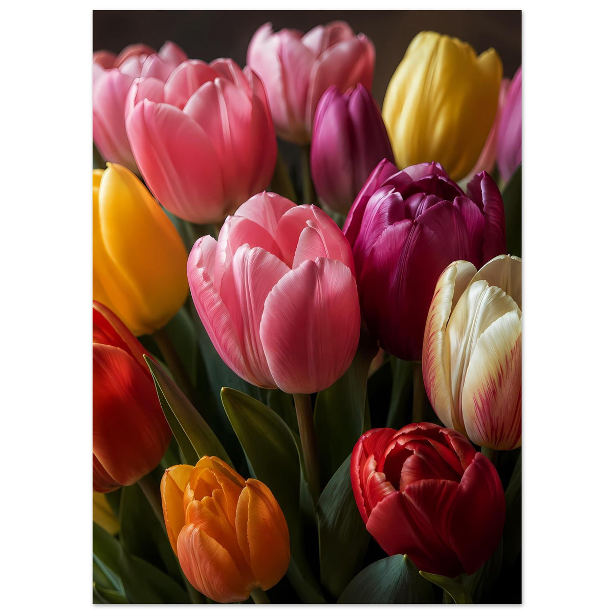 Poster mit Tulpenstrauß, hochkant: viele Tulpen in Pink, Gelb, Orange, Rot und Weiß