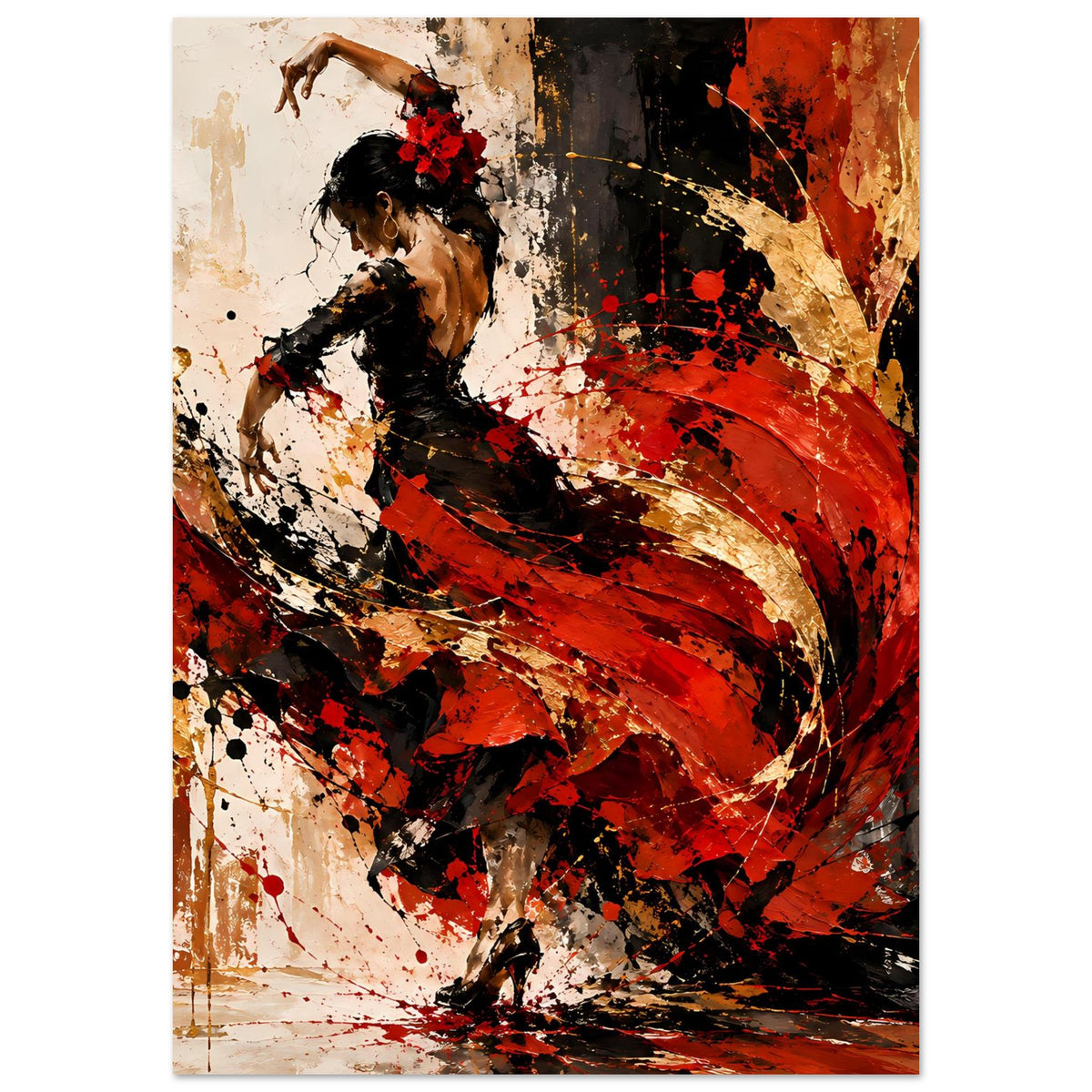 Tanzposter Hochformat: Tänzerin im Flamenco-Stil in Rot, Gold und Schwarz