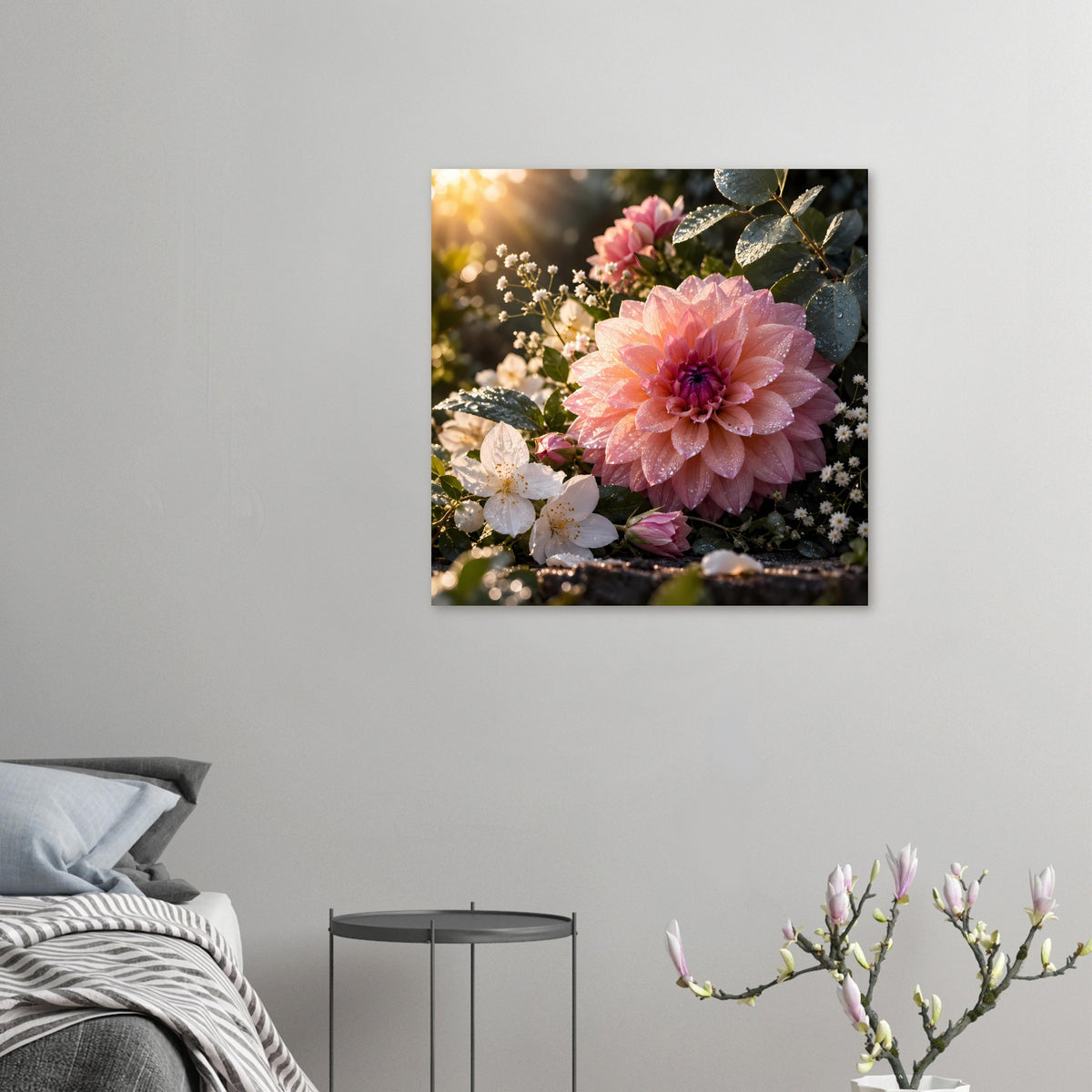 Blumenposter im Querformat: rosa Blüte, weiße Blüten und Blätter mit Tau, klein im Raum