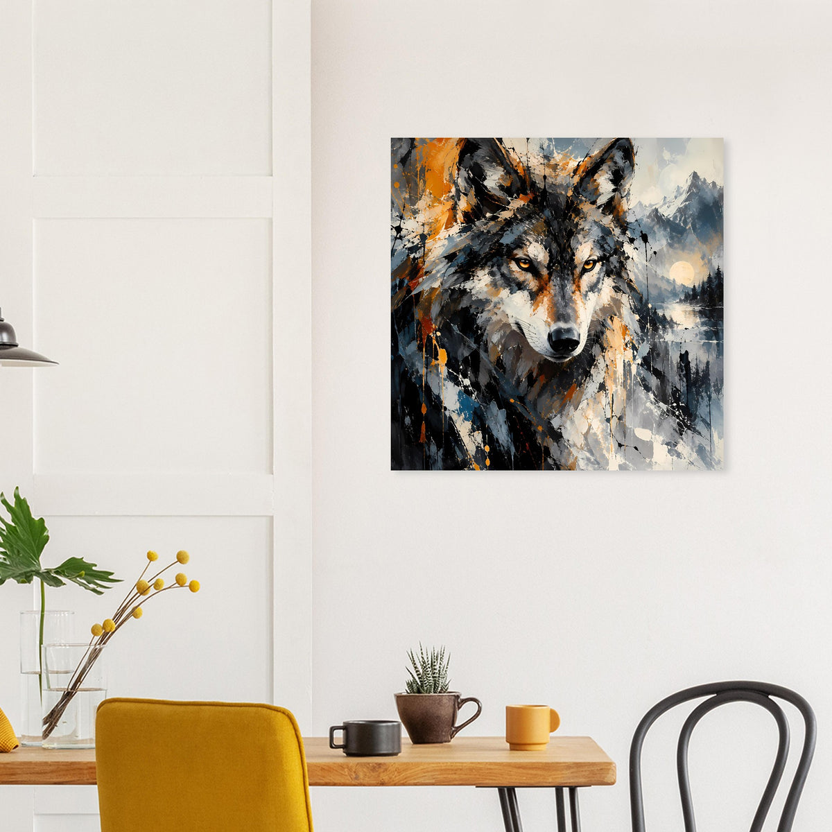 Abstraktes Wolf-Kunstposter mit kontrastreicher Zeichnung in Orange, Grau und Blau