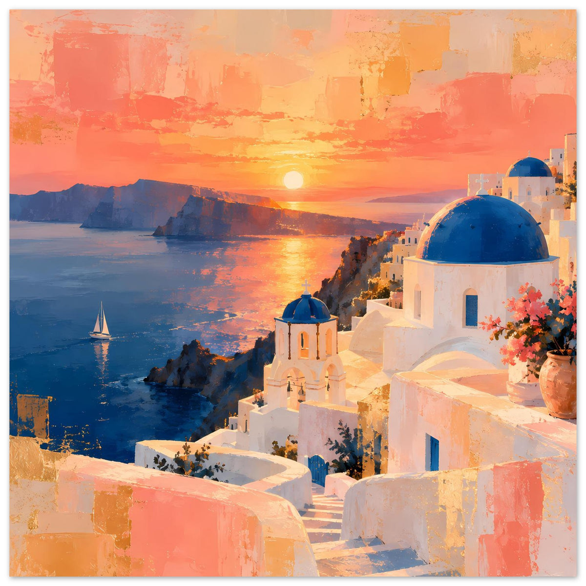Poster mit Sonnenuntergang über dem Meer, weißen Häusern, blauen Kuppeln und Blumen