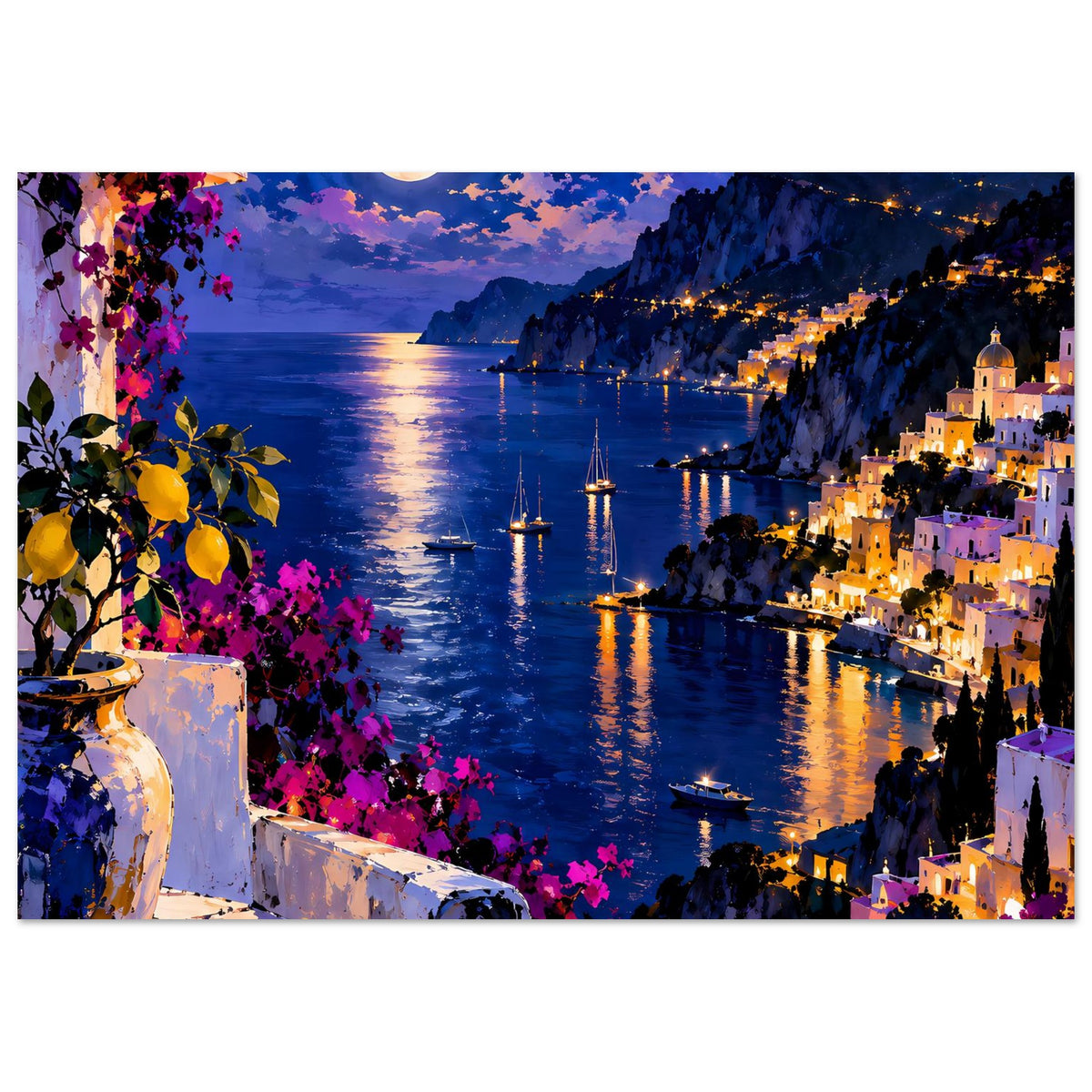 Mittelmeerküste bei Mondschein mit blühender Bougainvillea und Lichtern