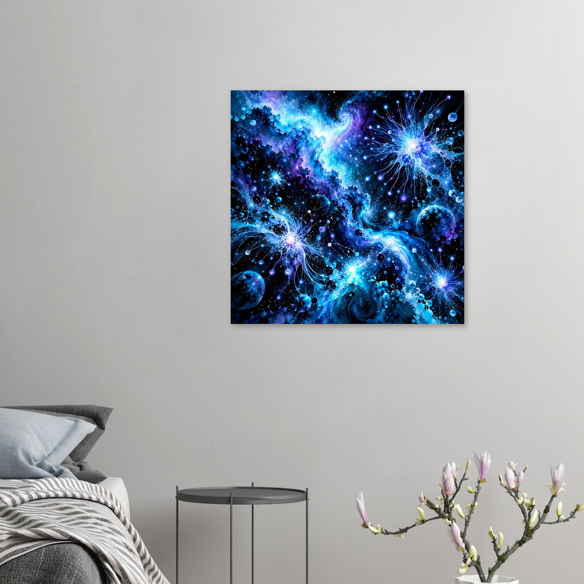 Kleines galaktisches Poster im Querformat mit blauem Sternen- und Planetenmotiv, leuchtenden Strahlen