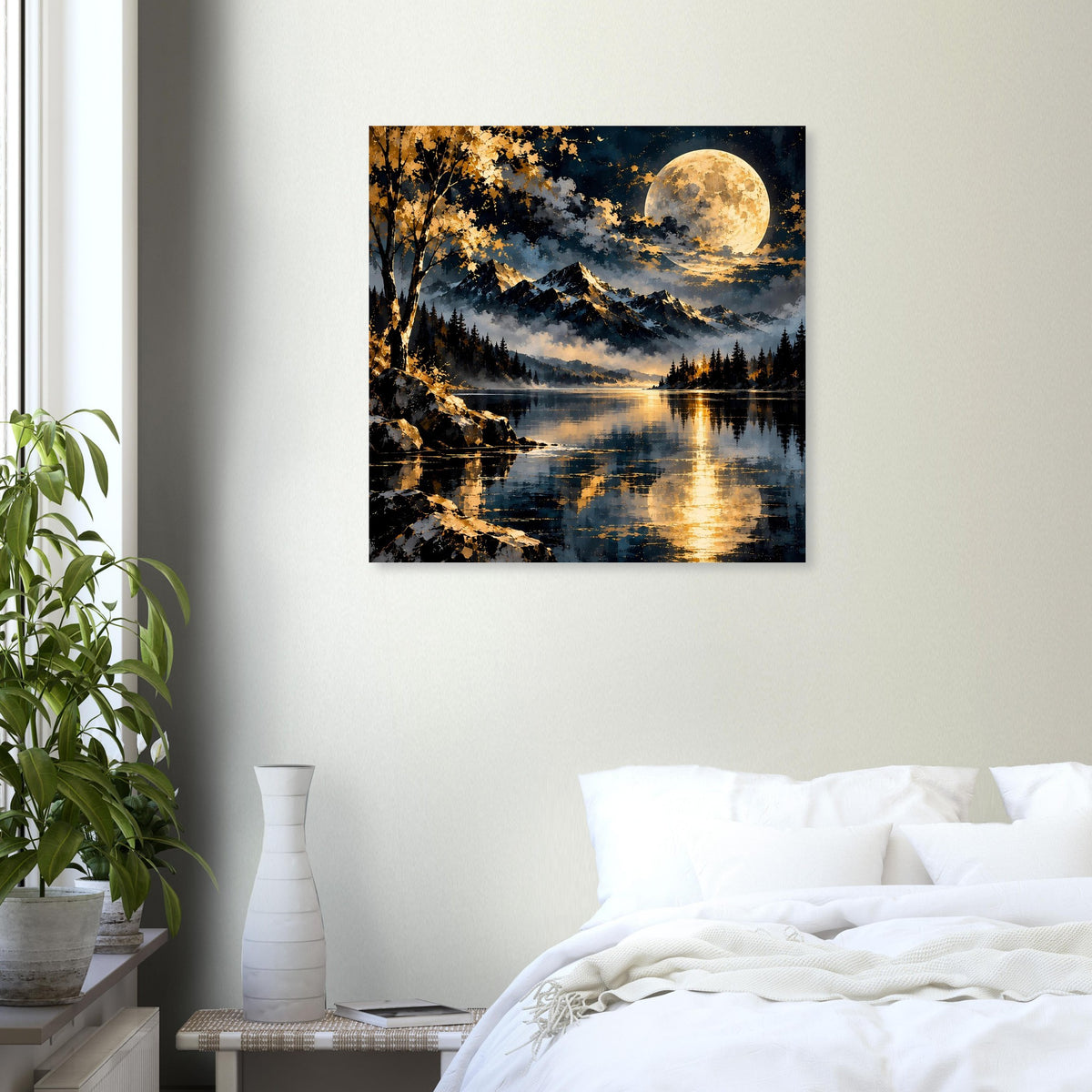 Landschaftsposter im schwarzen Rahmen mit Vollmond über ruhigem See, Felsen und Bergkette