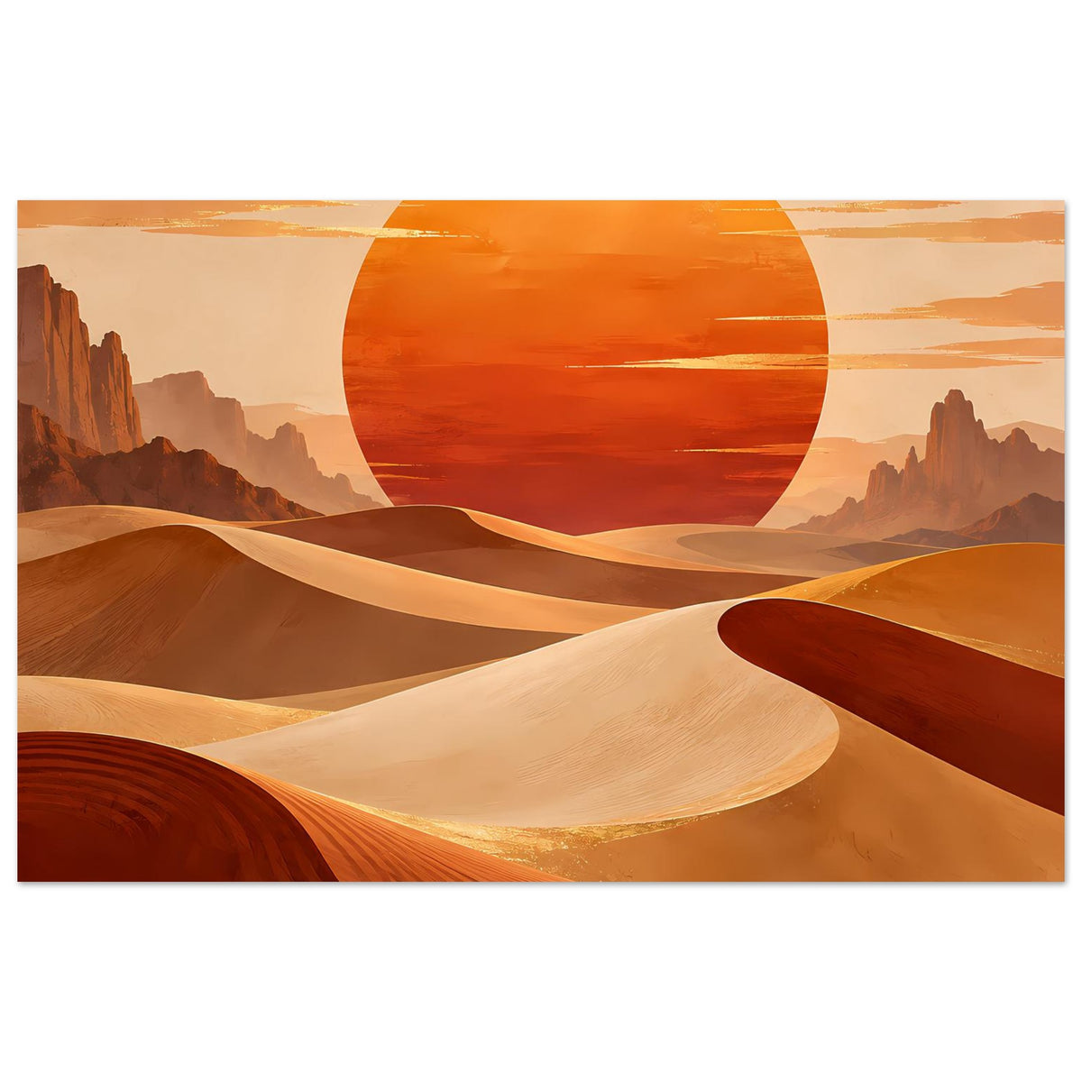 Horizontales Wüstenlandschafts-Poster: orange Sonne, Dünen und Felsberge im Sonnenuntergang