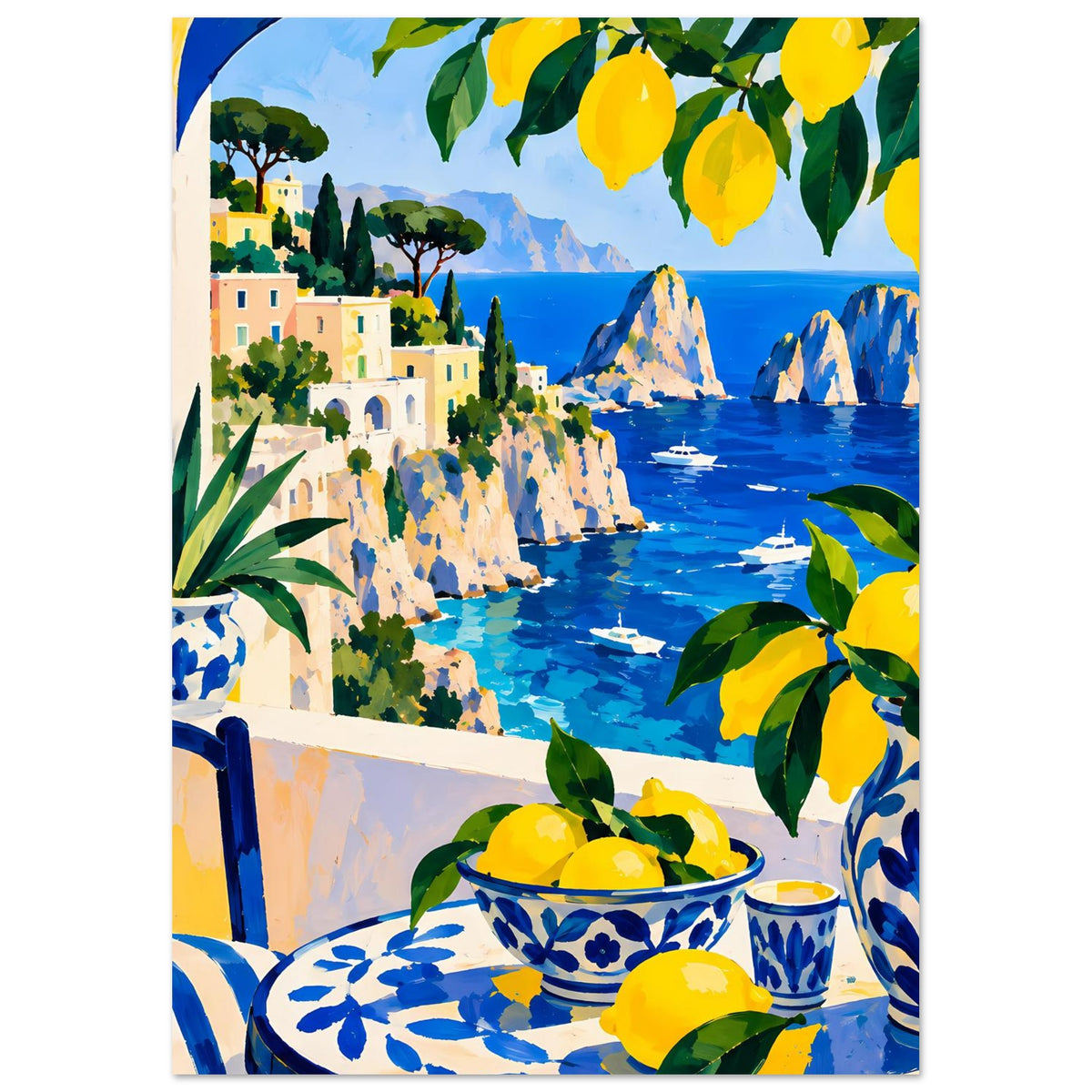 Kunstdruck Poster mit gelben Zitronenblättern, Meer und Küste mit Häusern