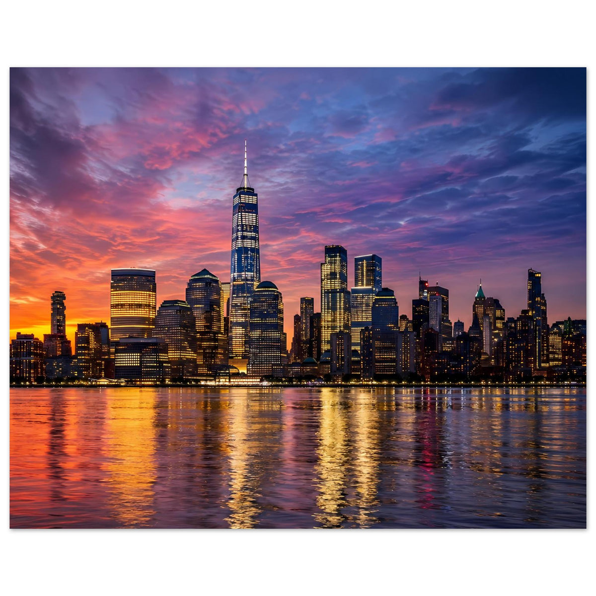 Poster mit New-York-Skyline bei Dämmerung, kompakte Skyline und spiegelnder Fluss