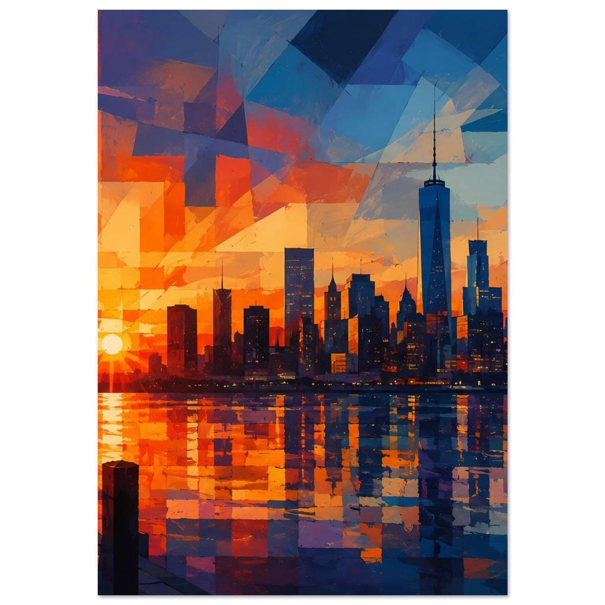 Vertikales Poster: abstrakte Skyline in Orange und Blau, Sonne im unteren linken Bereich, Wasserreflexe