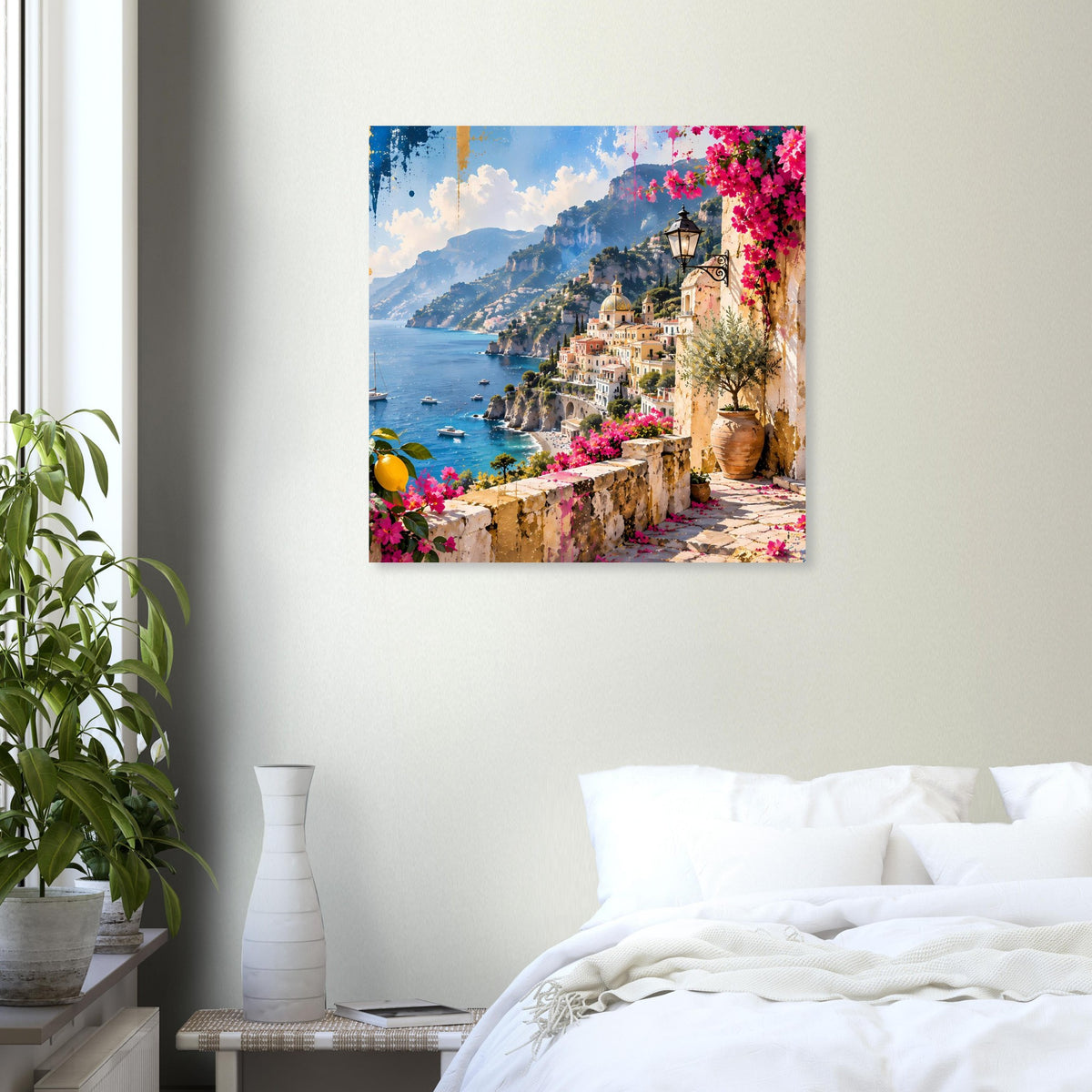Poster im Querformat mit Meeresblick: Küstenstraße, Häuser, Blumen an der Mauer