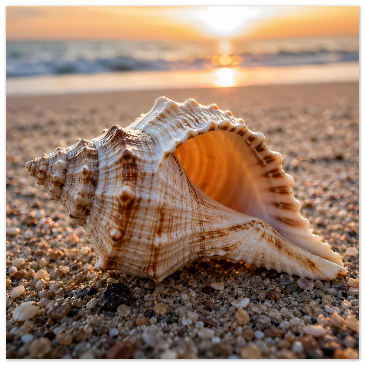 Strandposter: Muschel auf Kiesstrand bei goldener Sonnenuntergangsstimmung