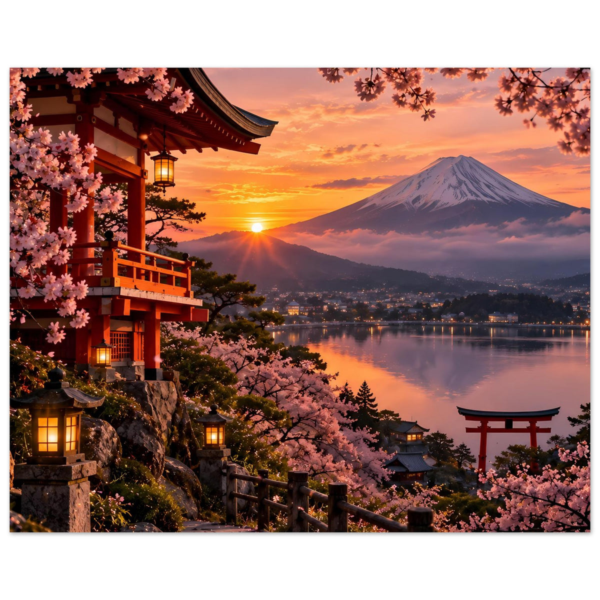 Premium-Poster mit Kirschblüten, Torii und Berg Fuji bei Sonnenuntergang, breiter Ausschnitt