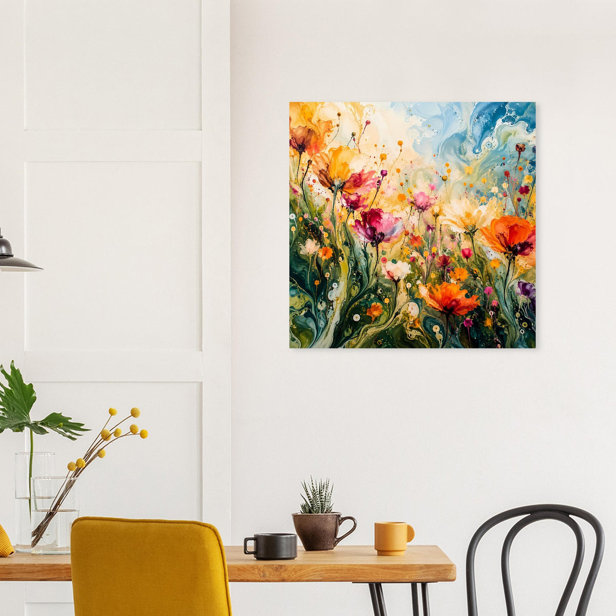 Farbenfrohes abstraktes Blumenposter mit orangefarbenen und pinken Blüten, kräftig grün.