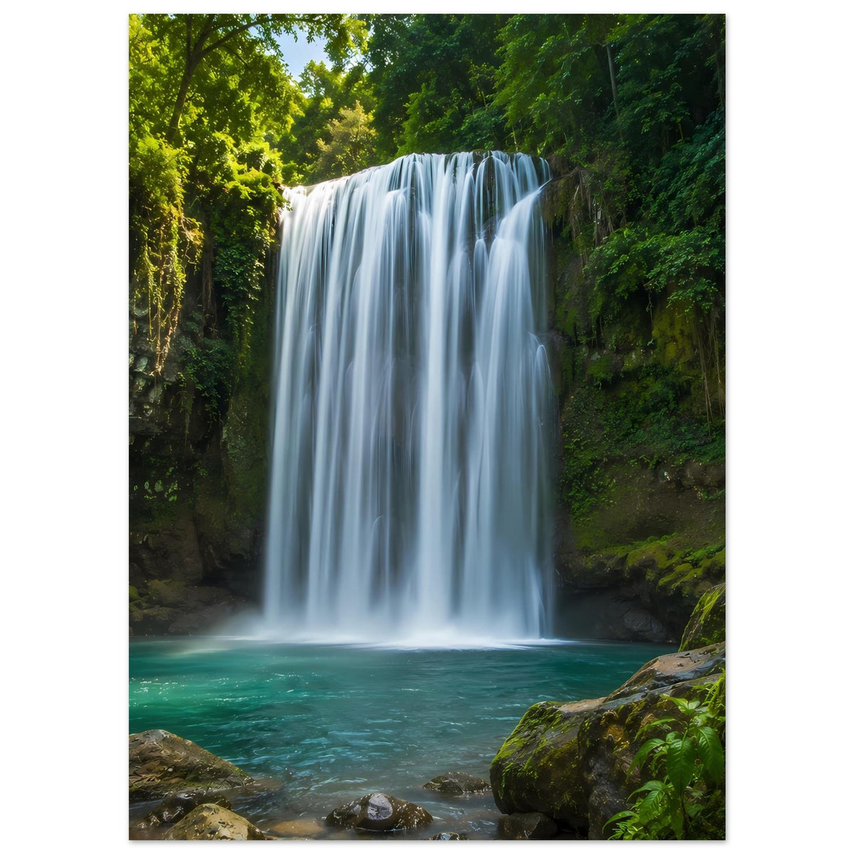 Poster mit hohem Wasserfall, türkisfarbenem Wasser und grünen Baumkronen im Hintergrund