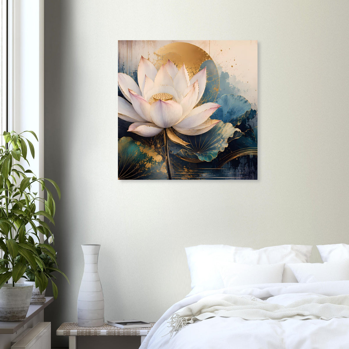 Premium-Poster mit Lotusblüten in Weiß, Goldbogen und Blau