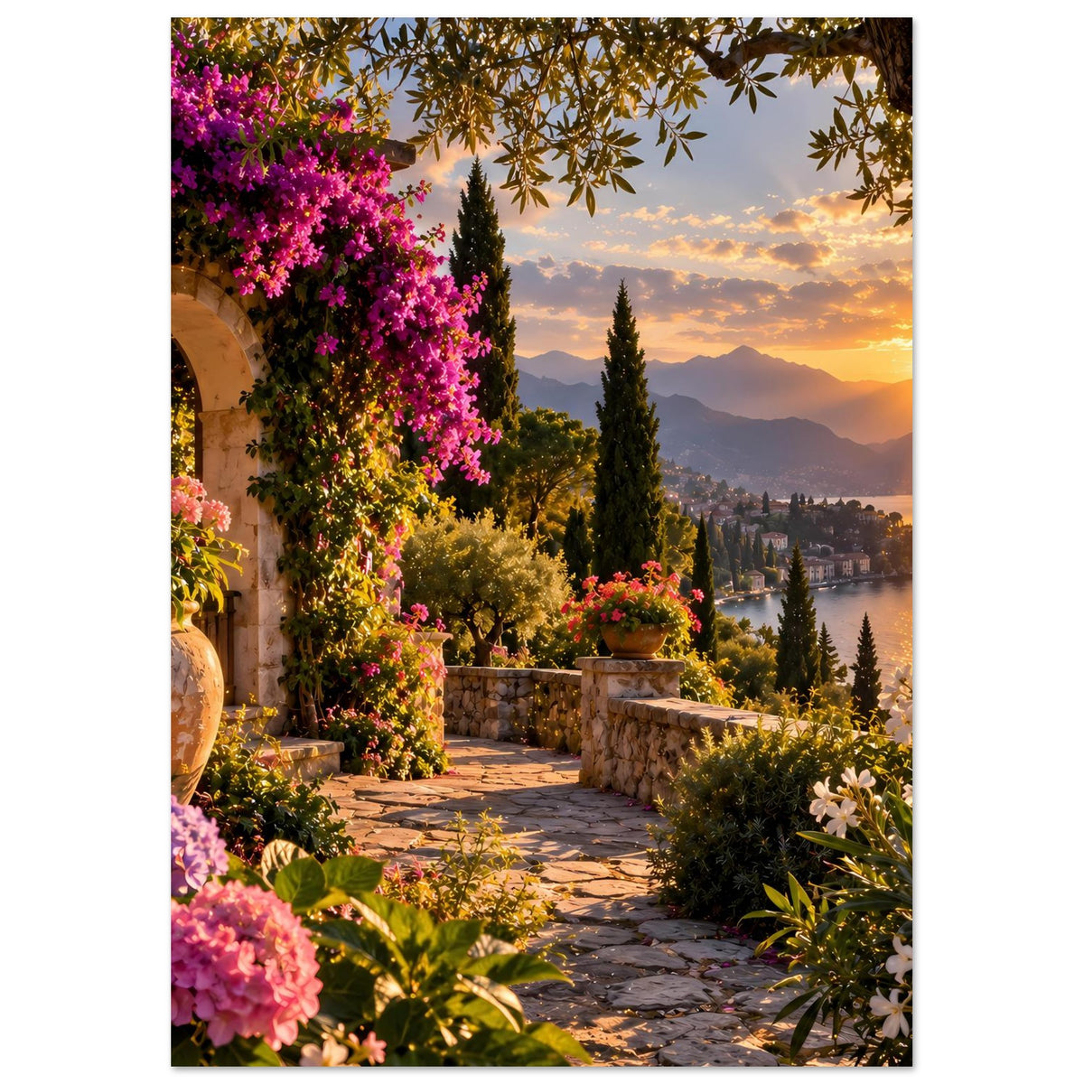Vertikales Poster: Terrasse im mediterranen Garten mit Blumenampeln, Zypressen und Sonnenuntergang