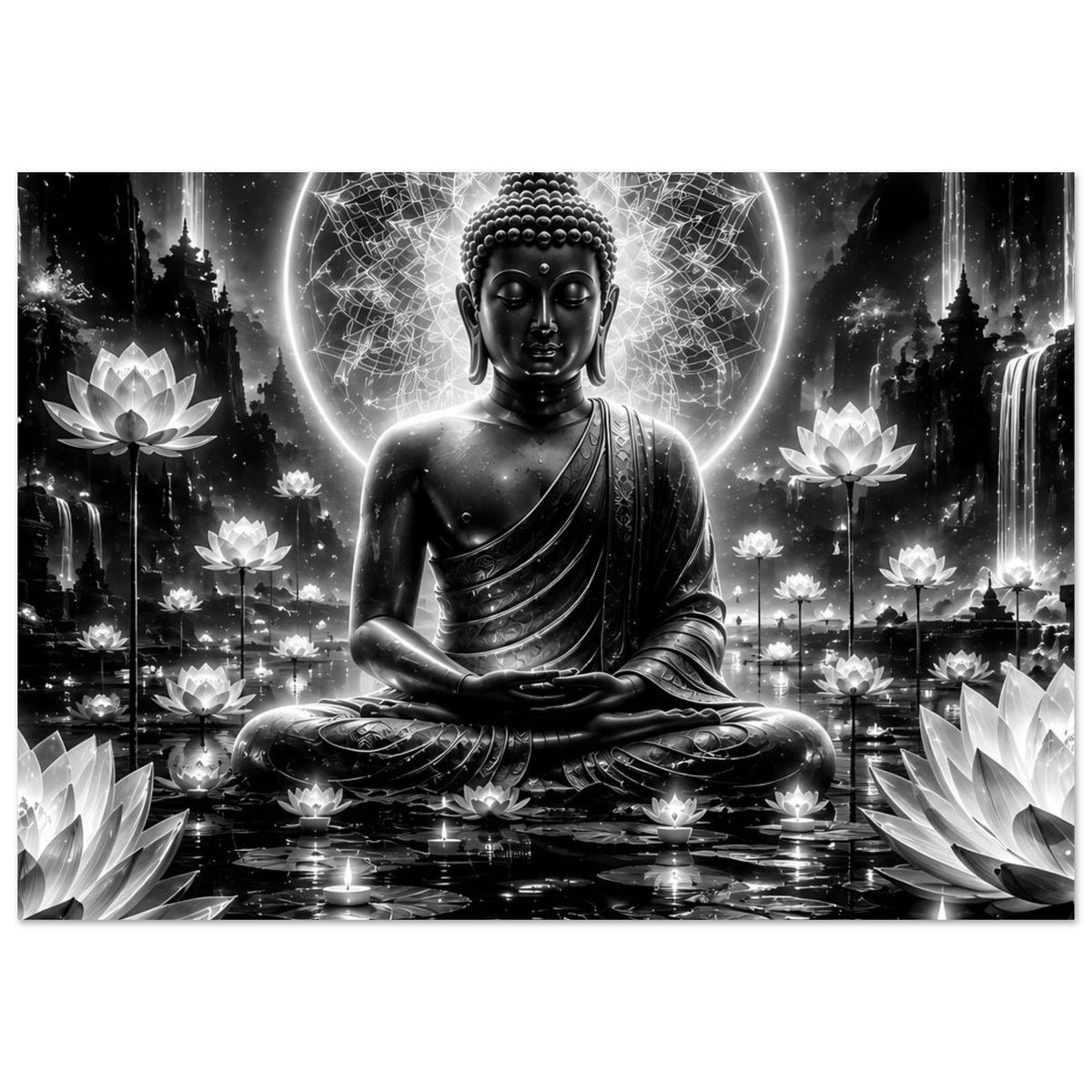 Buddha-Poster Schwarzweiß im Querformat: sitzender Buddha mit Mandala-Ring und Lotusblüten