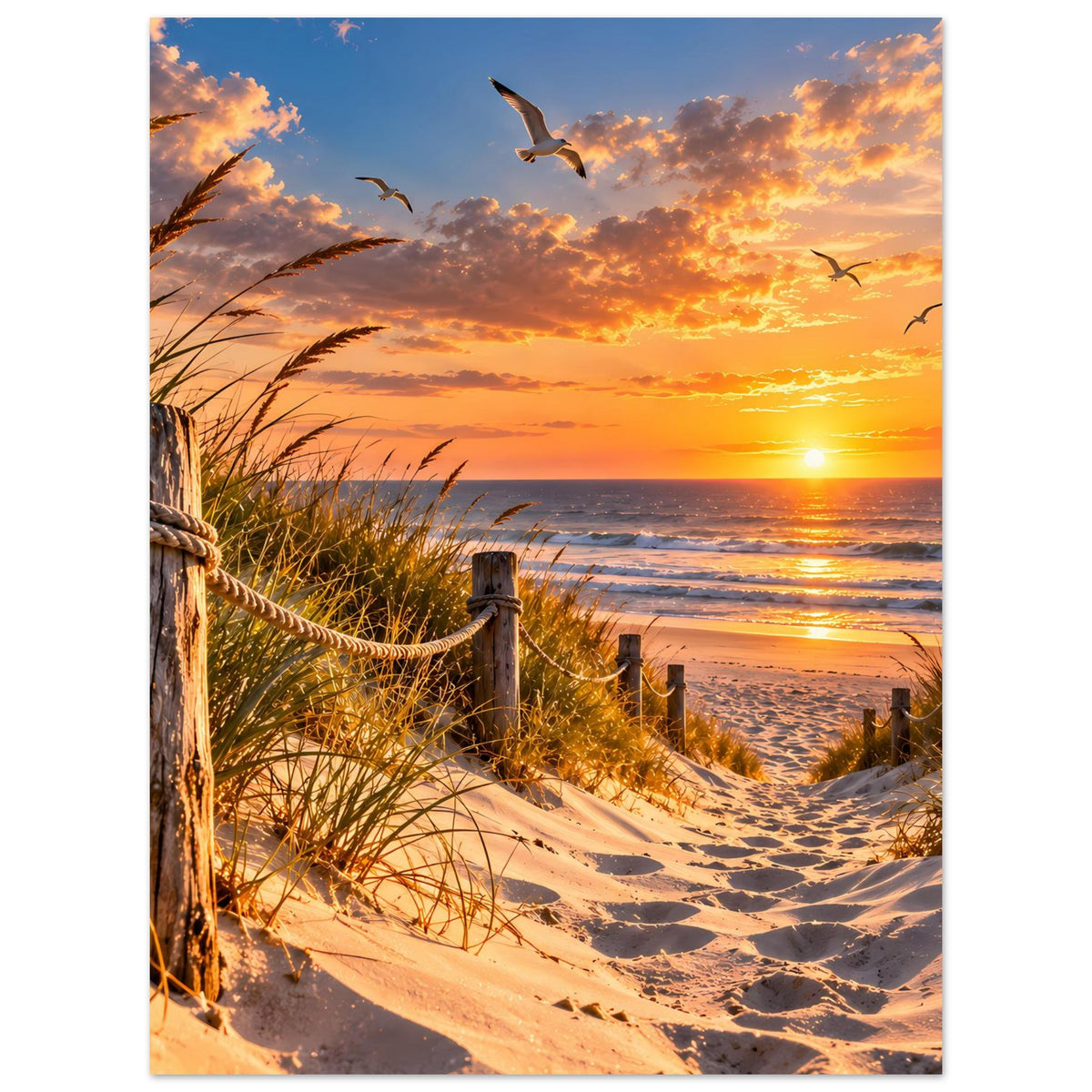 Strandposter mit Sonnenuntergang, Sandstrand, Dünengras und fliegenden Möwen