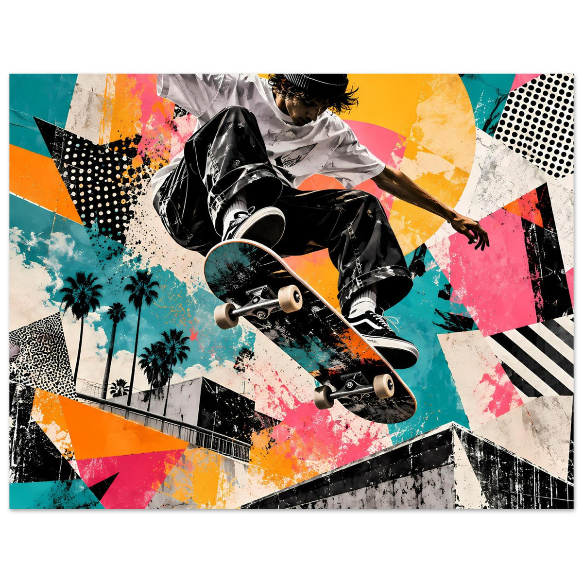 Street-Art-Poster mit Skateboarder im Sprung, schwarz-weiß, Neon-Grafik mit Farbflächen.