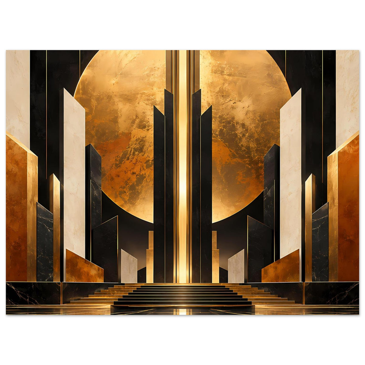 Art-deco Poster mit goldener Säulenfront, schwarzem Schattenbereich und Treppenstufen