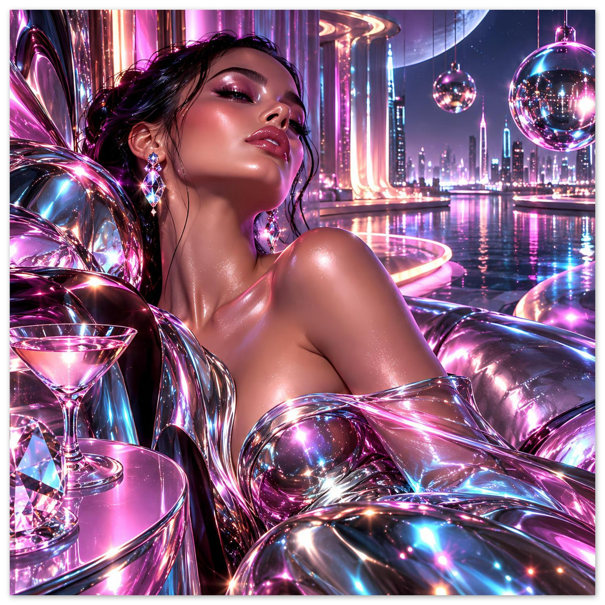 Neon-Poster mit Frau im spiegelnden Look, funkelnden Kugeln und leuchtender Skyline