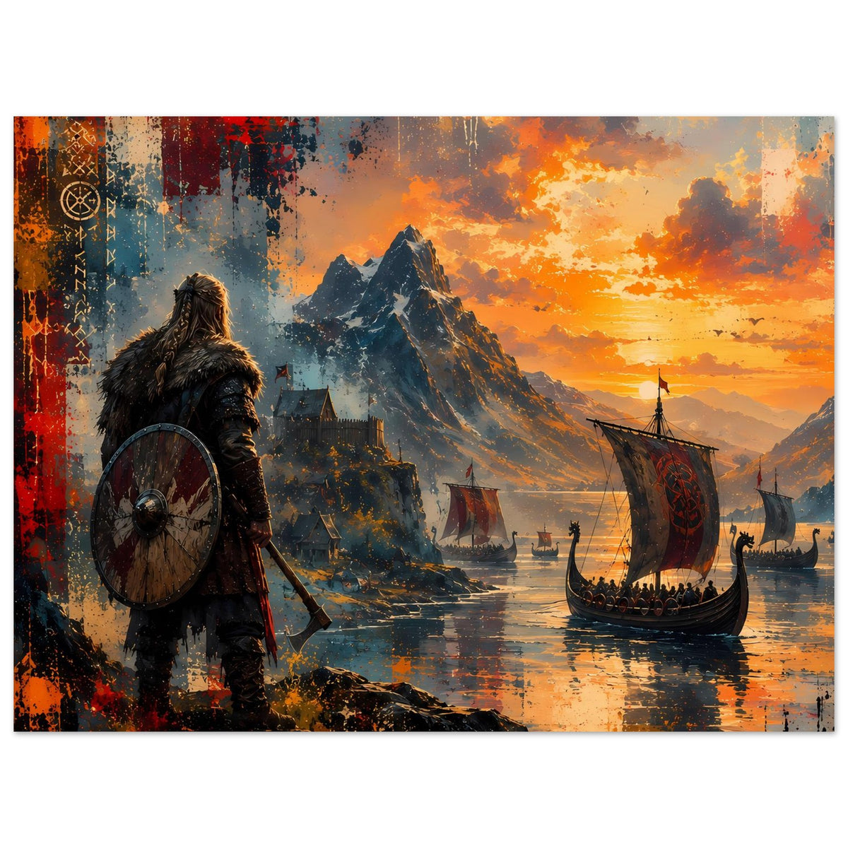 Nordisches Reiseposter mit Wikingerkrieger, Langbooten und dramatischem Abendhimmel