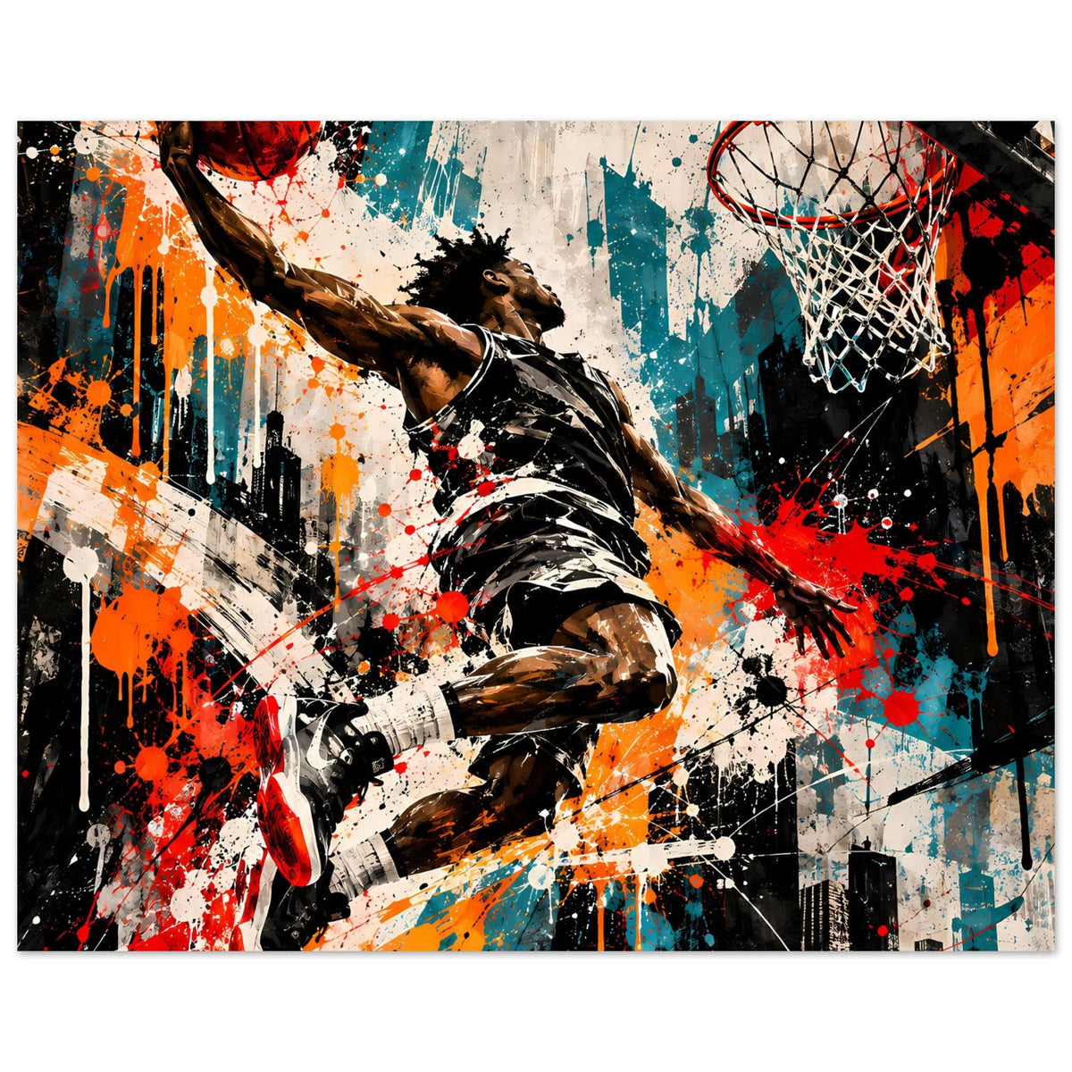 Basketball-Poster im Splash-Style: Springender Spieler mit Ball, Korbnetz und Farbkleckse